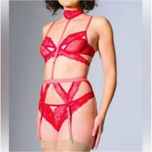 Thistle and Spire Kane Garter Belt W/ Detachable Choker Chili Red/Pink M NWT